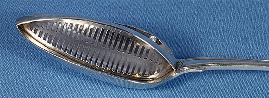 A George III silver straining spoon, Length 12”/305mm Weight: 5.3oz/149grms.